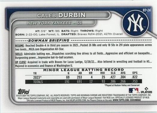 2024 Topps Bowman Chrome Prospects 1ST Caleb Durbin New York Yankees #BCP-214