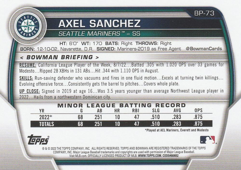 2023 Topps Bowman Paper Prospects Axel Sanchez 1st Seattle Mariners #BP-73