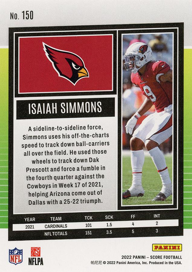 2022 Panini Score Isaiah Simmons Arizona Cardinals #150