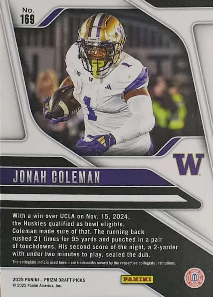 2025 Panini Prizm Draft Picks Jonah Coleman #169 Washington Huskies