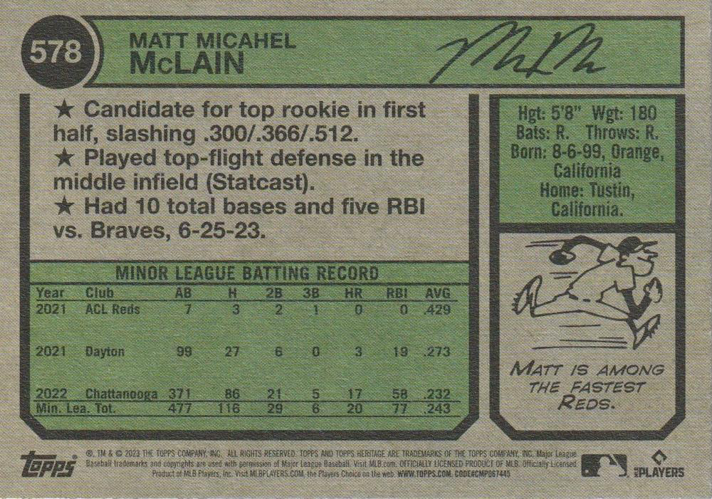 2023 Topps Heritage Matt McLain RC Cincinnati Reds #578