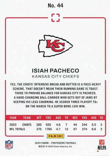 2024 Panini Photogenic Isiah Pacheco #44 Kansas City Chiefs