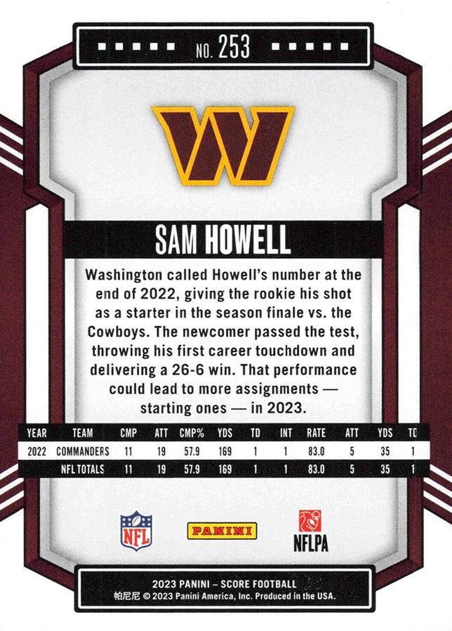 2023 Panini Score Football Sam Howell Washington Commanders #253