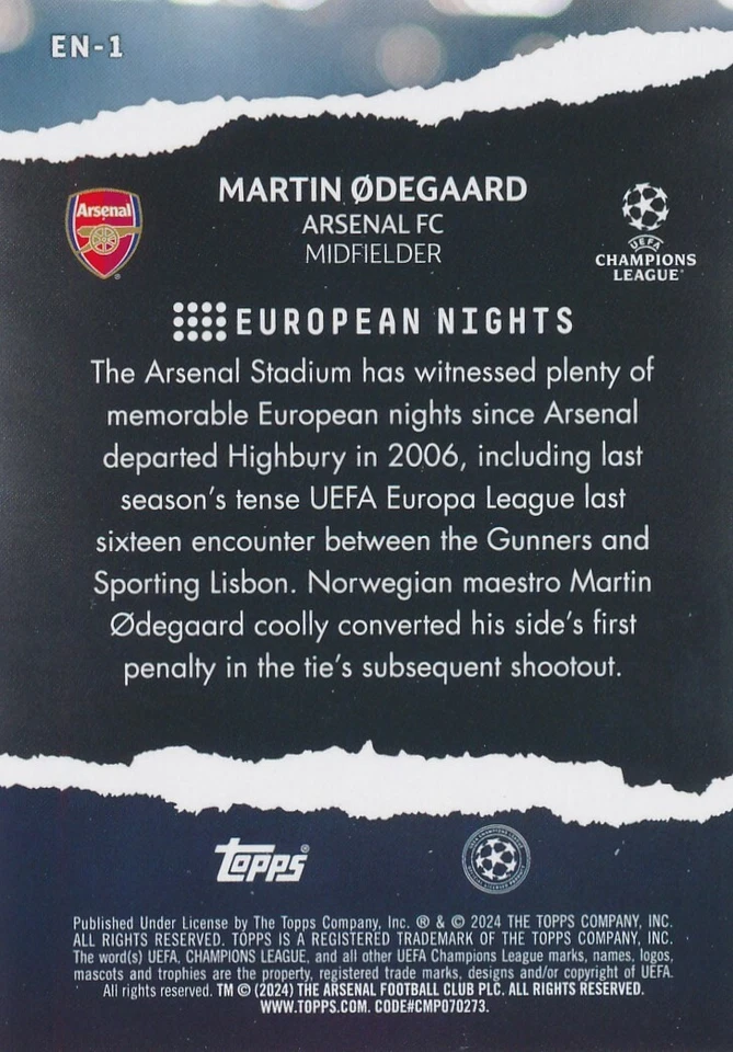2023 Topps UCC European Nights Martin Ødegaard EN-1 Arsenal FC