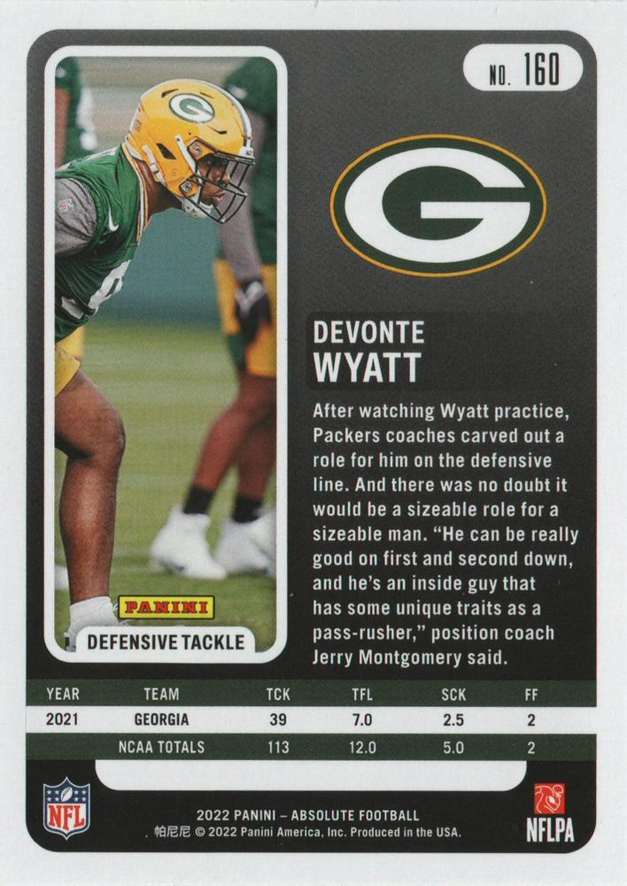 2022 Panini Absolute Devonte Wyatt RC #160 Green Bay Packers