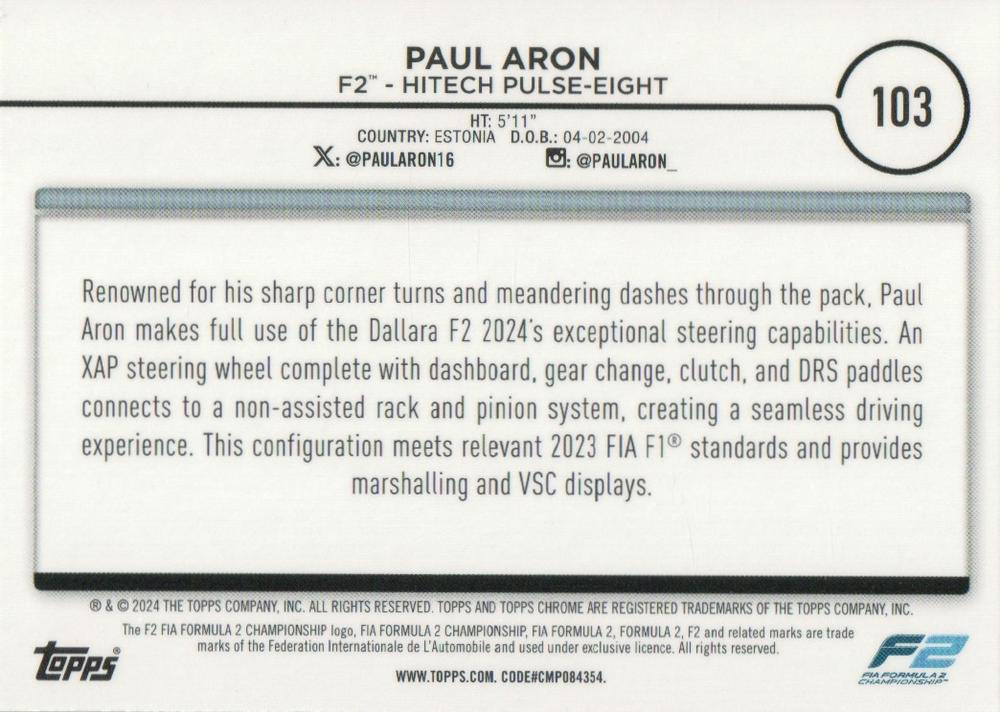 2024 Topps Chrome Formula 1 Paul Aron F2C #103 HiTech Pulse-Eight