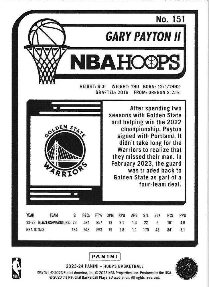 2023 Panini Hoops Gary Payton II #151 Golden State Warriors