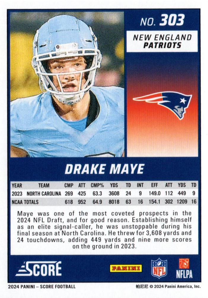 2024 Panini Score Football Drake Maye New England Patriots #303 RC