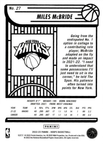 2022 Panini Hoops Miles McBride #27 New York Knicks