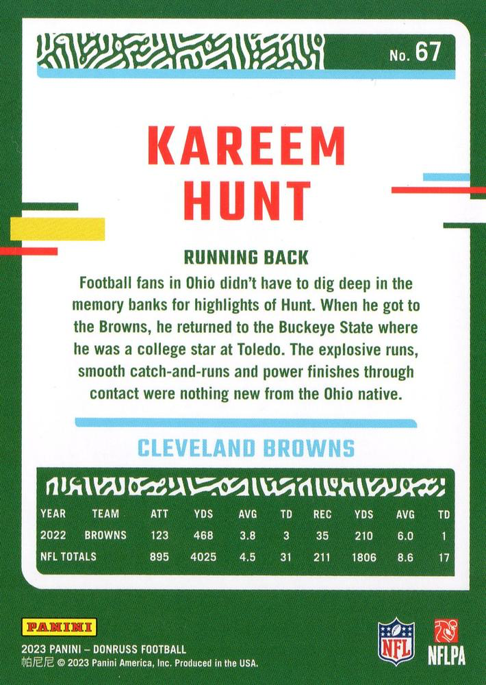 2023 Panini Donruss Kareem Hunt #67 Cleveland Browns