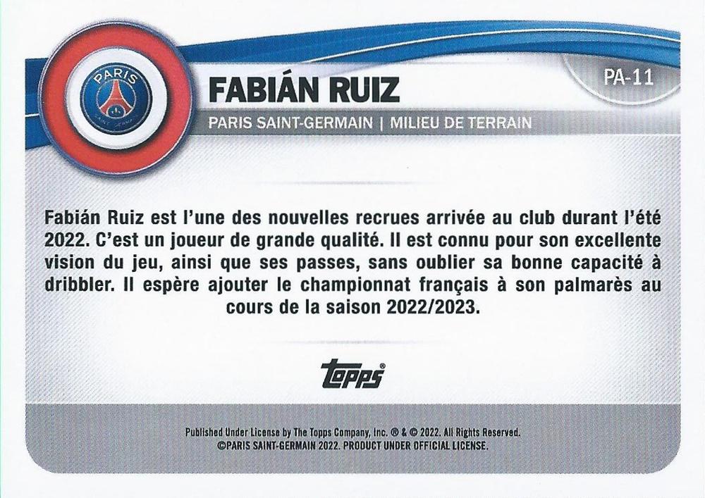 2022 Topps PSG Fan Set Fabián Ruiz #PA-11 Paris Saint-Germain