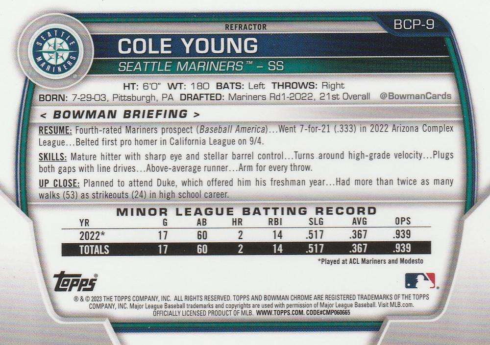 2023 Topps Bowman Chrome Prospects Lunar Glow Refractor Cole Young Seattle Mariners #BCP-9