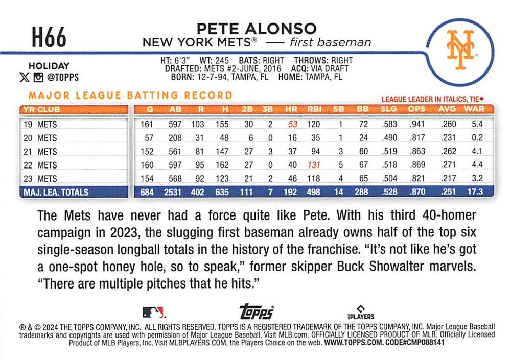 2024 Topps Holiday Pete Alonso New York Mets #H66