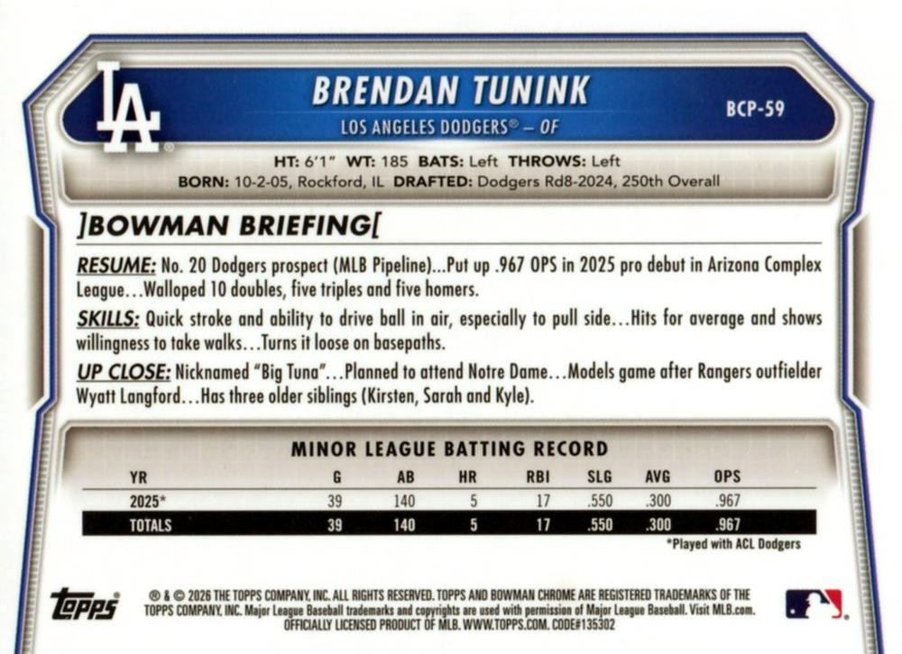 2026 Topps Bowman Chrome Prospects Brendan Tunink #BP-59 Los Angeles Dodgers