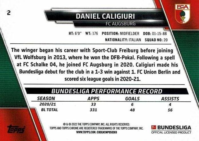 2021 Topps Chrome Bundesliga Daniel Caligiuri #2 FC Augsburg