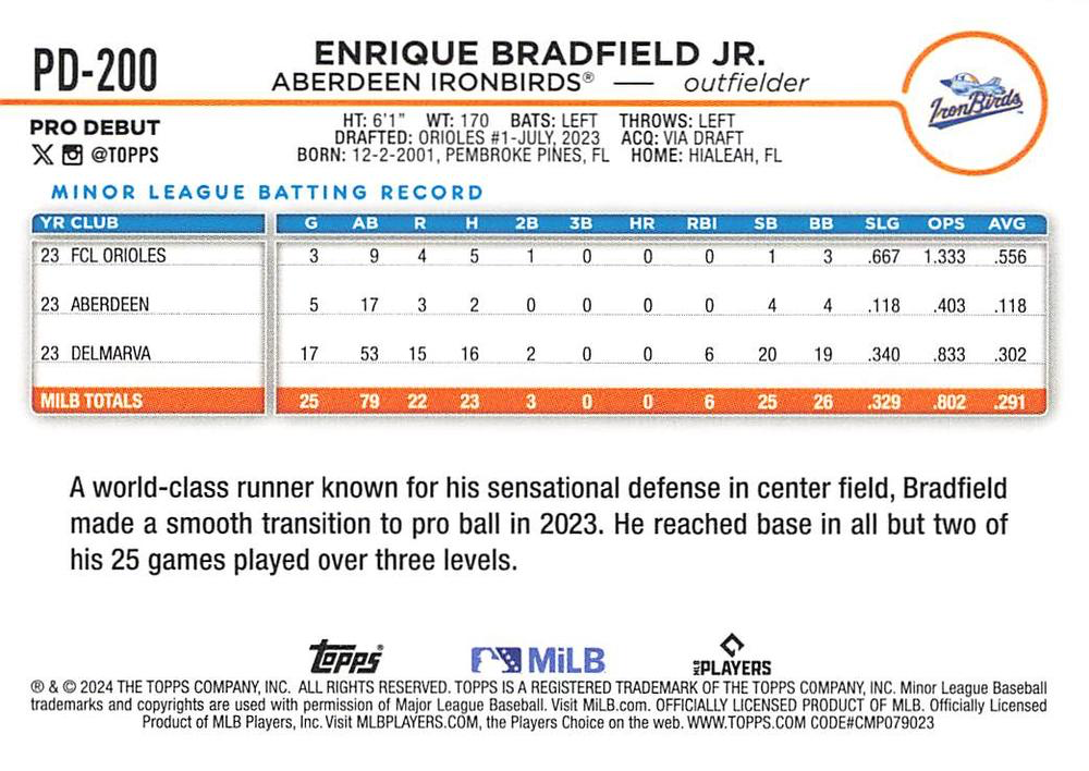 2024 Topps Pro Debut Enrique Bradfield Jr. #PD-200 Aberdeen IronBirds