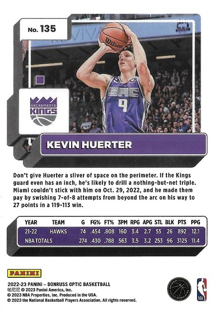 2022 Panini Donruss Optic Kevin Huerter #135 Sacramento Kings
