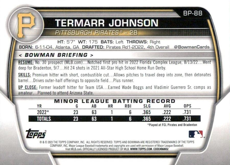 2023 Topps Bowman Paper Prospects Termarr Johnson Pittsburgh Pirates #BP-88