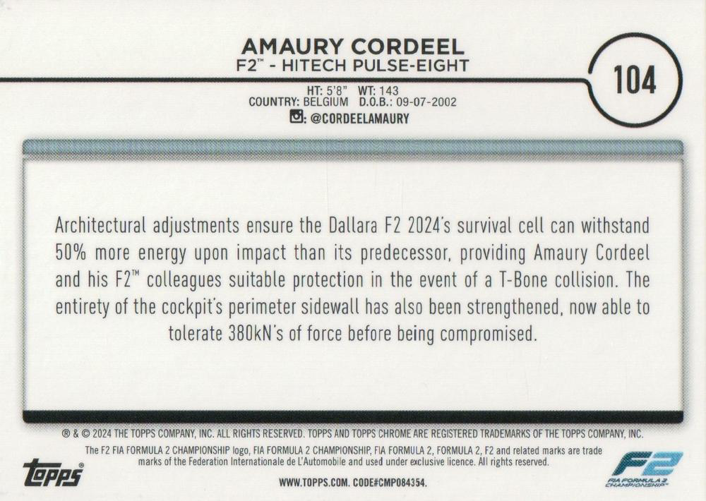 2024 Topps Chrome Formula 1 Amaury Cordeel F2C #104 HiTech Pulse-Eight