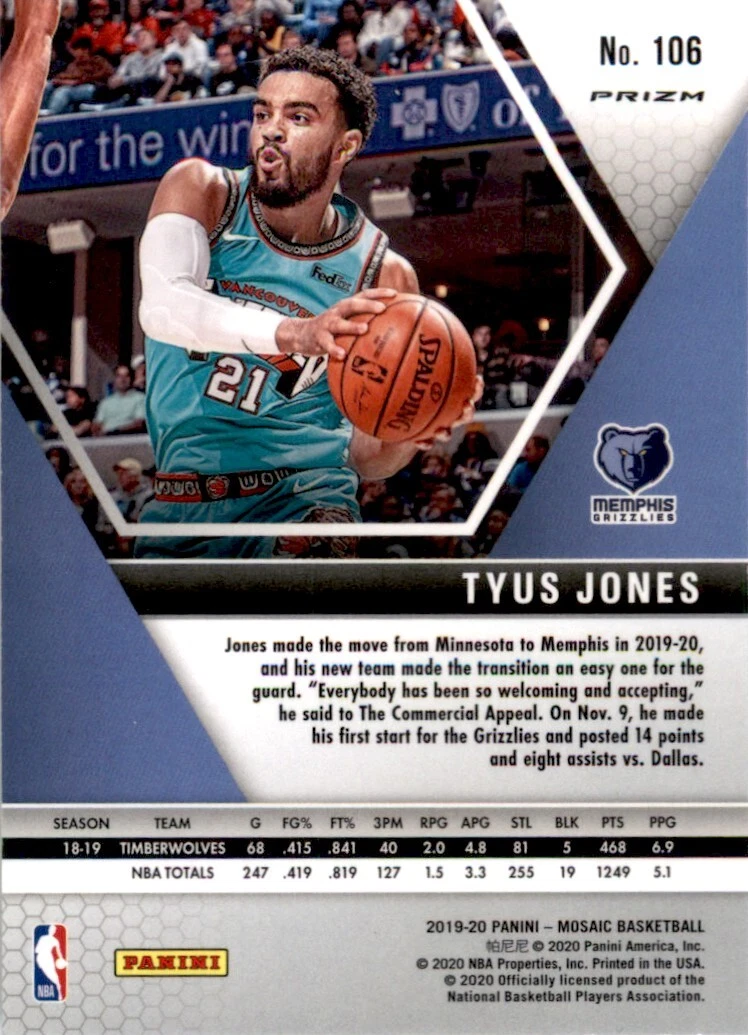 2019 Panini Mosaic Silver Prizm Tyus Jones #106 Memphis Grizzlies