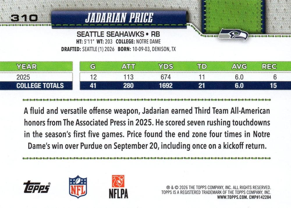 2026 Topps Flagship RC Jadarian Price #310 Seattle Seahawks