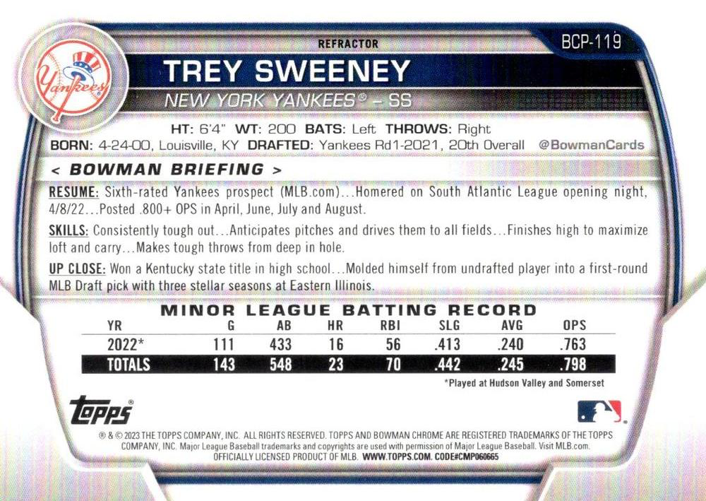 2023 Topps Bowman Chrome Prospects Lunar Glow Refractor Trey Sweeney New York Yankees #BCP-119