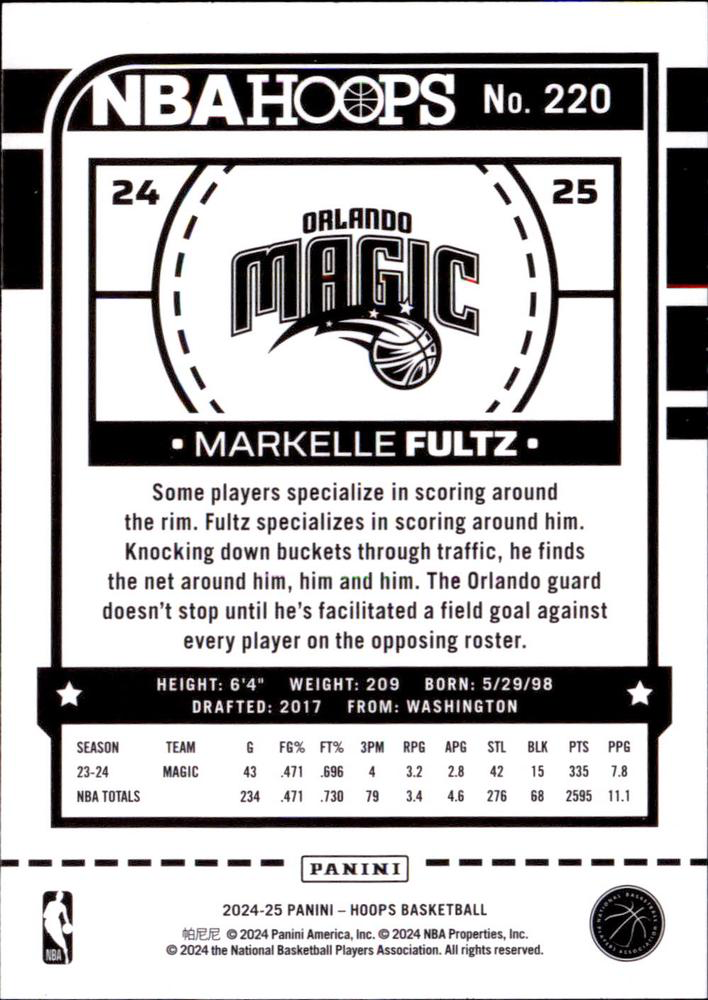2024 Panini Hoops Markelle Fultz #220 Orlando Magic