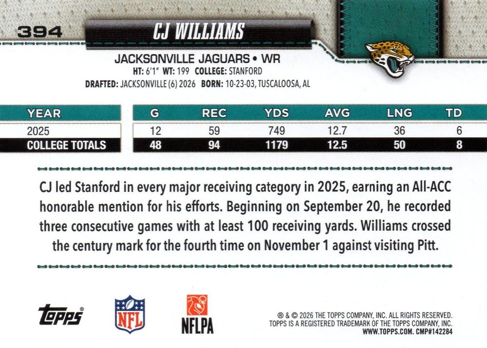 2026 Topps Flagship RC CJ Williams #394 Jacksonville Jaguars