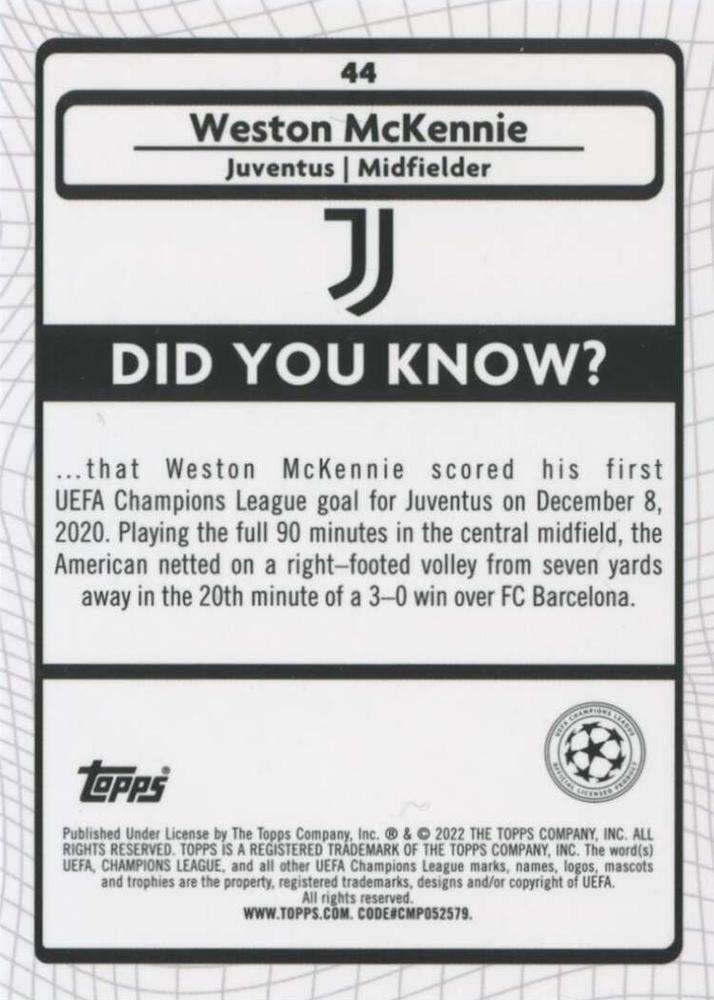 2021 Topps Merlin UEFA Club Competitions Weston McKennie #44 Juventus