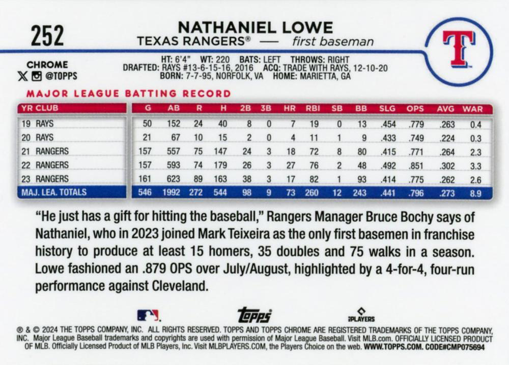 2024 Topps Chrome Nathaniel Lowe Texas Rangers #252