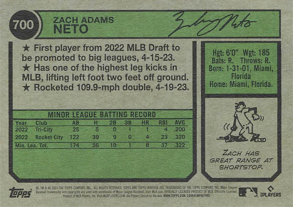 2023 Topps Heritage Zach Neto RC Los Angeles Angels #700