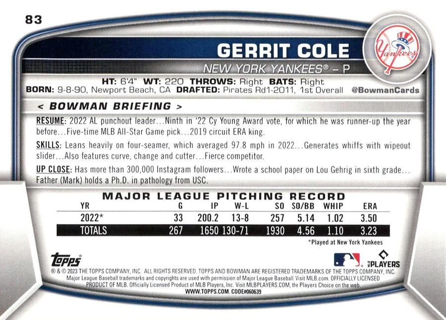 2023 Topps Bowman Gerrit Cole New York Yankees #83