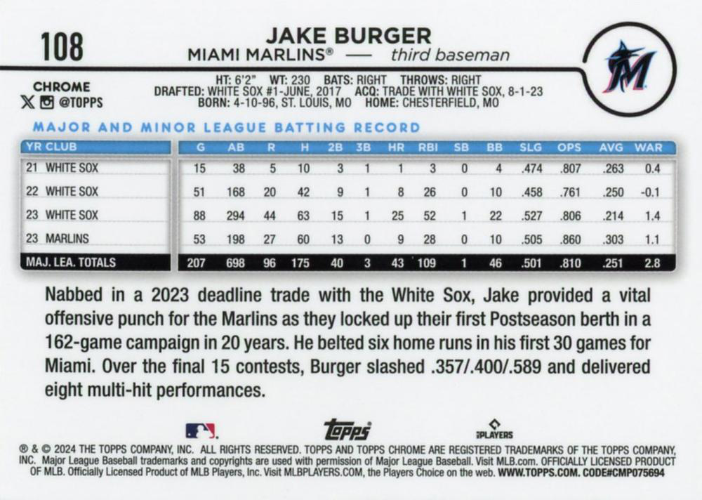 2024 Topps Chrome Jake Burger Miami Marlins #108