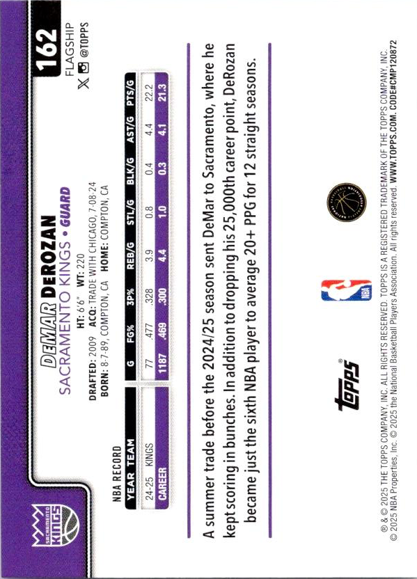2025 Topps NBA DeMar DeRozan #162 Sacramento Kings