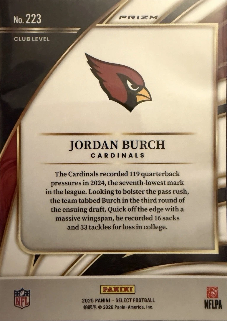 2025 Panini Select Jordan Burch RC #223 Arizona Cardinals