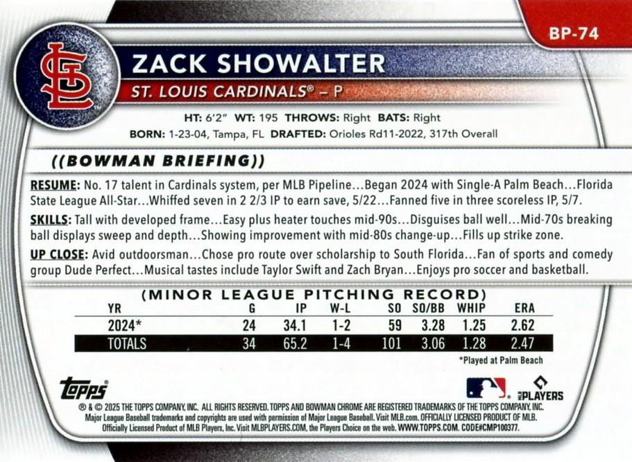 2025 Topps Bowman Prospects Zack Showalter St. Louis Cardinals #BP-74