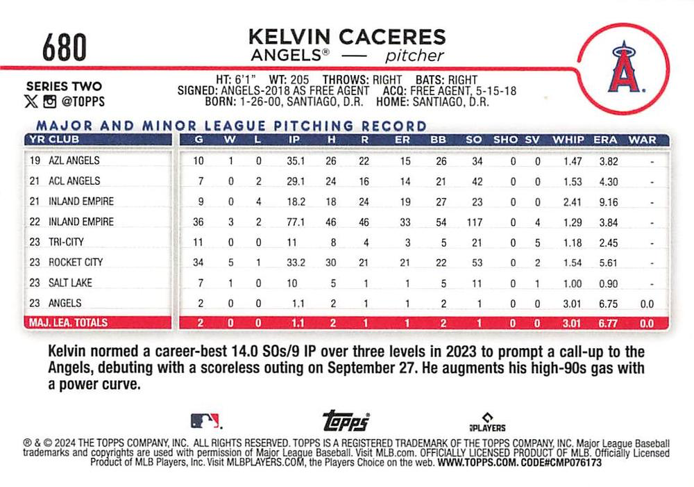 2024 Topps Series 2 Kelvin Caceres RC Los Angeles Angels #680