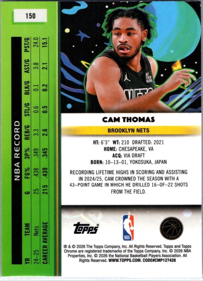2025 Topps Chrome Cosmic Cam Thomas #150 Brooklyn Nets