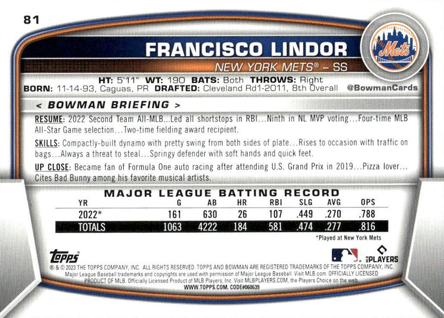 2023 Topps Bowman Francisco Lindor New York Mets #81
