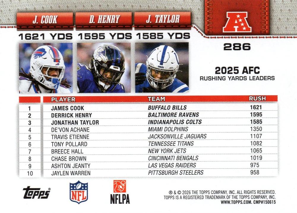 2026 Topps Flagship League Leaders Derrick Henry / Jonathan Taylor / James Cook #286