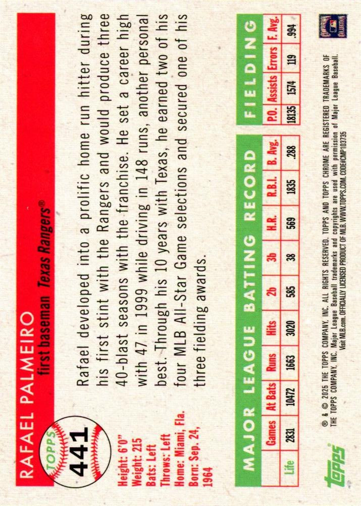 2025 Topps Chrome Platinum Rafael Palmeiro #441Texas Rangers