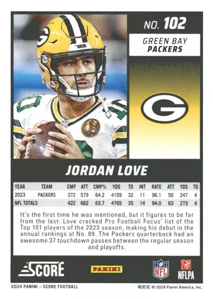 2024 Panini Score Football Jordan Love Green Bay Packers #102