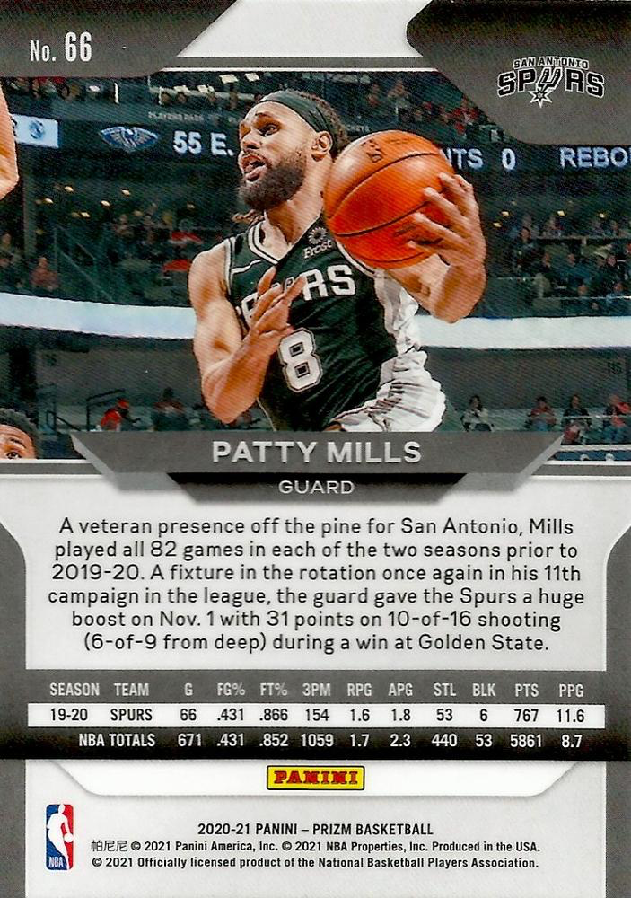 2020 Panini Prizm Patty Mills #66 San Antonio Spurs
