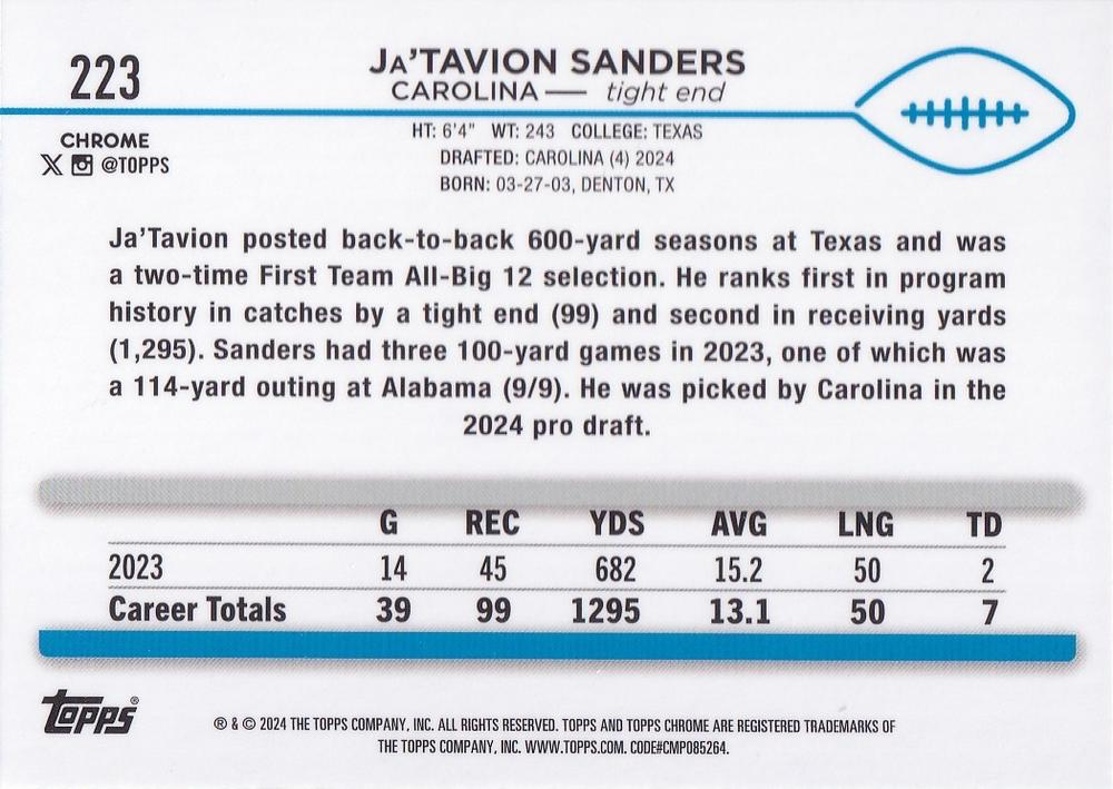 2024 Topps Chrome Football Ja'Tavion Sanders RC #223 Carolina Panthers