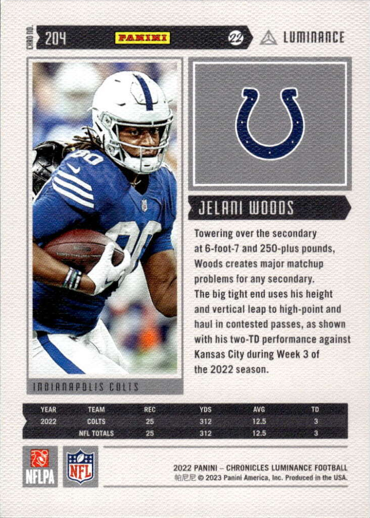 2022 Panini Chronicles Luminance Update Rookies Teal RC Jelani Woods #204 Indianapolis Colts