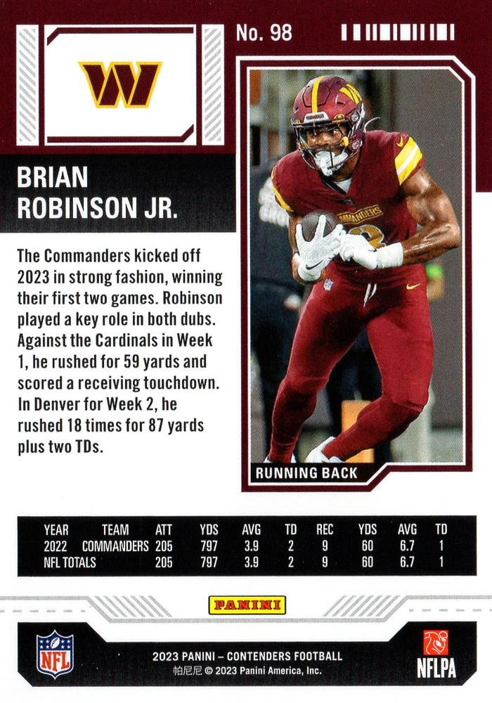 2023 Panini Contenders Brian Robinson Jr. Washington Commanders #98