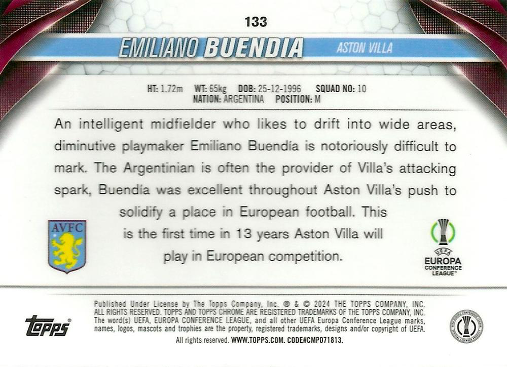 2023 Topps Chrome UEFA Club Competitions Emiliano Buendía #133 Aston Villa