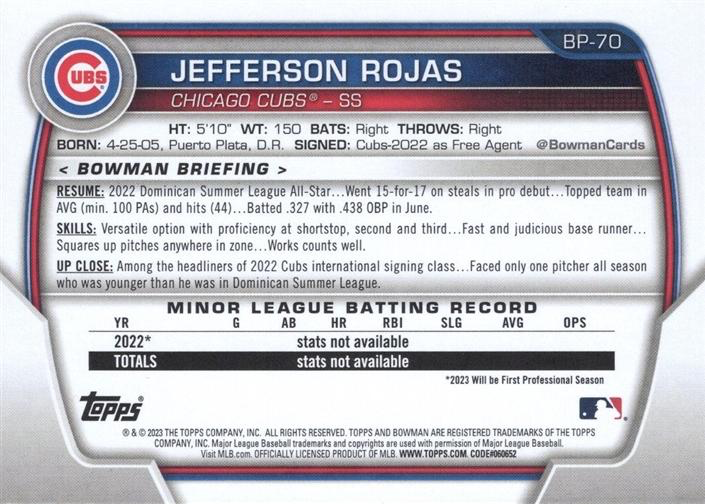 2023 Topps Bowman Paper Prospects Jefferson Rojas 1st Chicago Cubs #BP-70