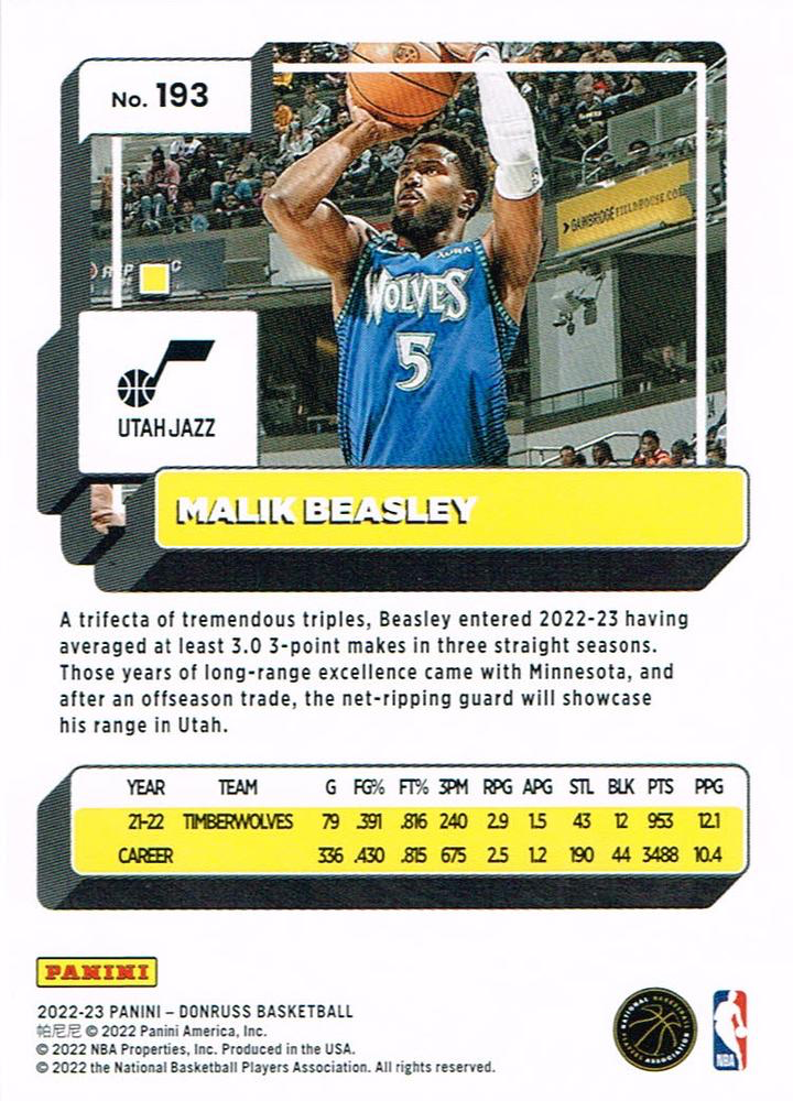 2022 Panini Donruss Malik Beasley #193 Utah Jazz