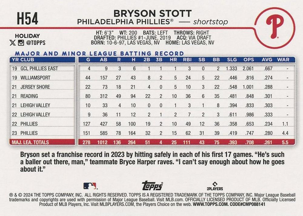 2024 Topps Holiday Silver Glitter Bryson Stott Philadelphia Phillies #H54